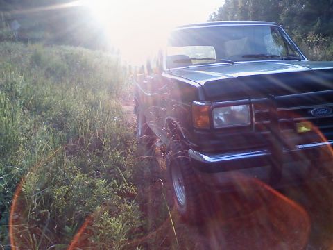1990 Ford Bronco - A black Ford truck is seen from a 3/4 front angle, parked off-road with tall grass surrounding it.