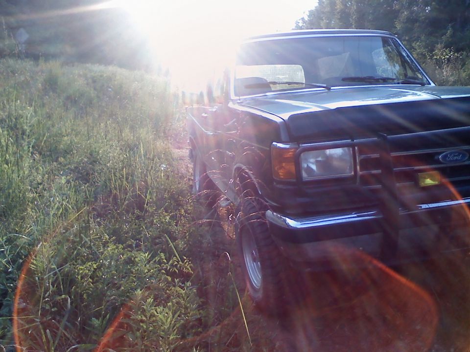 Black Ford truck with a brush guard, parked on a grassy incline