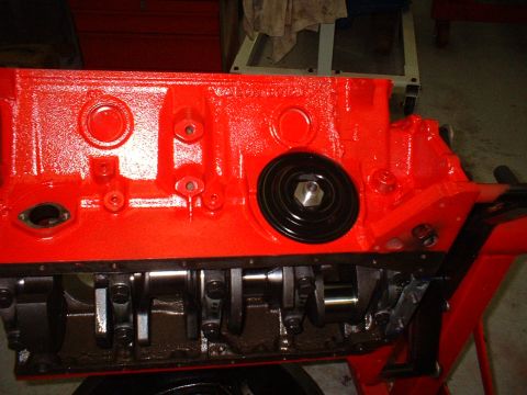 1955 Ford Thunderbird - Engine block and crankshaft assembly, likely undergoing rebuild or restoration.