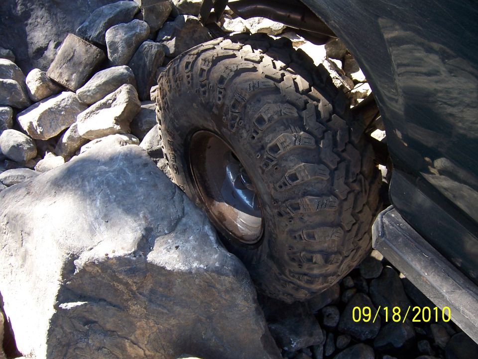 Off-road tire wedged between rocks