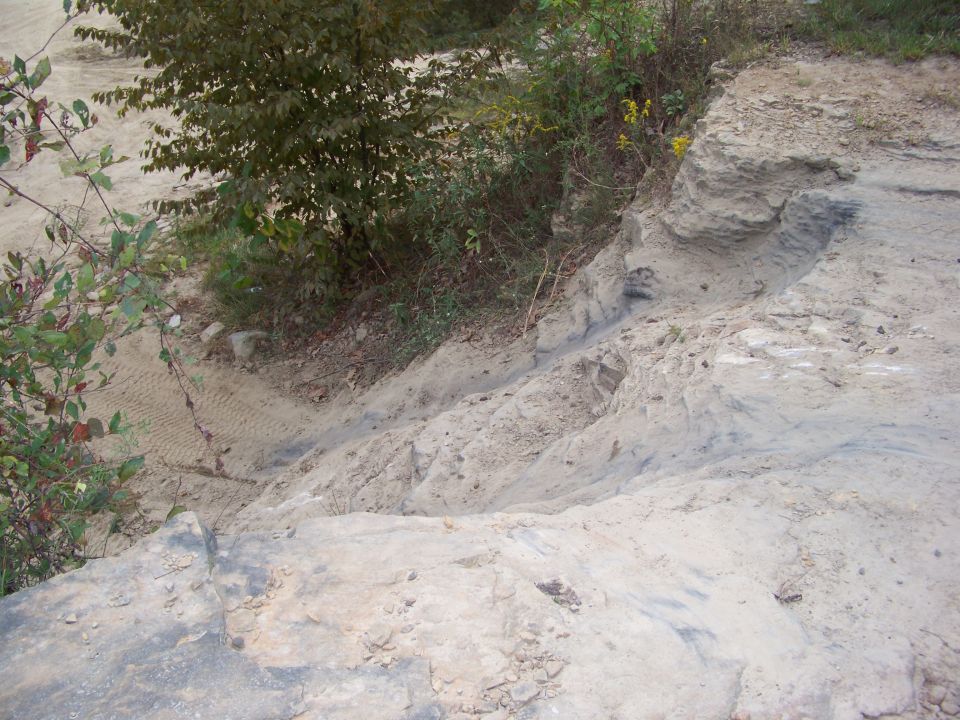 Dirt path with tire tracks descending a sandy embankment