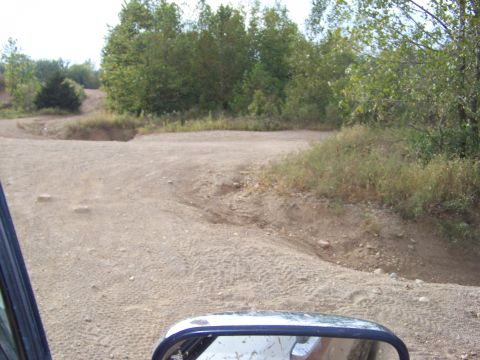 1989 Ford Bronco - A dirt path winds through a wooded area, with tire tracks visible on the ground.