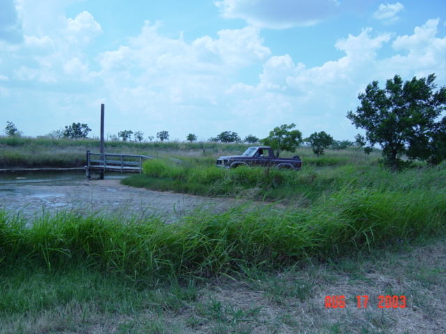 Dark red pickup truck in tall grass, 3q-front view. Appears to be from the early 1980s