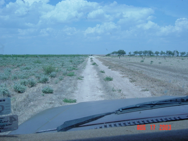 Dirt road across flat scrubland seen through windshield over dark dashboard