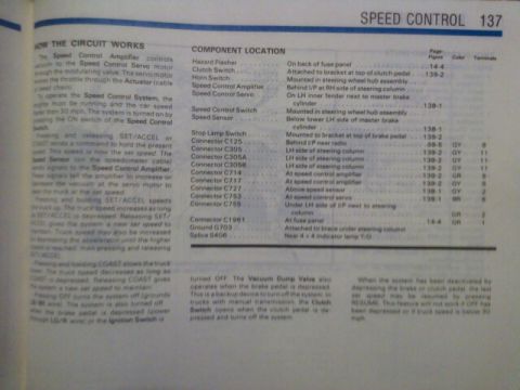 1986 Ford Bronco - This document details the components and locations for a vehicle's speed control system.