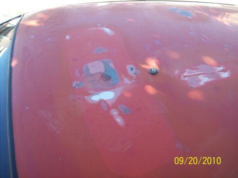 2002 Ford Crown Victoria - Hood of a car with visible primer and rust damage, dated 09/20/2010.