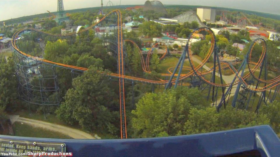 Roller coaster tracks winding through trees at an amusement park