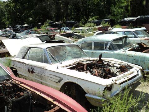 1960 Ford Fairlane - A white coupe, likely from the early 1960s, sits in a junkyard with its hood open, revealing a rusted engine.