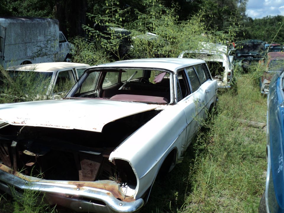 1960 Ford Fairlane station wagon in junkyard, hood open, windshield broken, overgrown with weeds