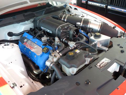 1992 Ford Mustang - Close-up of a Ford Racing engine a Cobra Jet supercharger and custom blue valve covers.
