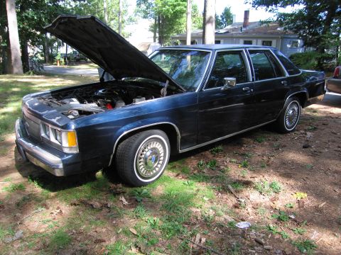 1991 Ford LTD Crown Victoria - A dark blue sedan sits in a grassy area with its hood open, revealing the engine compartment.