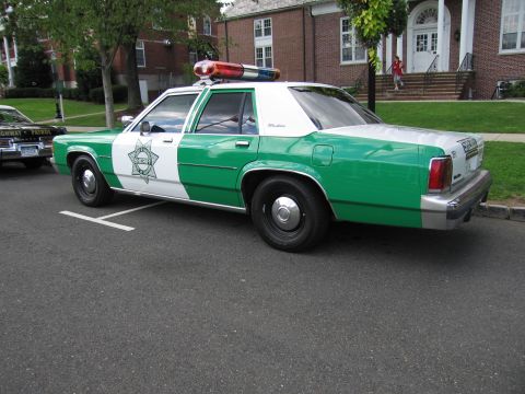 1991 Ford LTD Crown Victoria - green-and-white Ford LTD Crown Victoria sheriff patrol sedan with roof light bar parked outside a brick building.