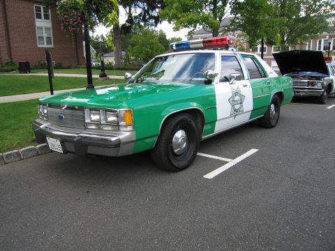 1991 Ford LTD Crown Victoria - Front three-quarter view of a green-and-white Ford sheriff patrol sedan with a star decal and roof light bar.
