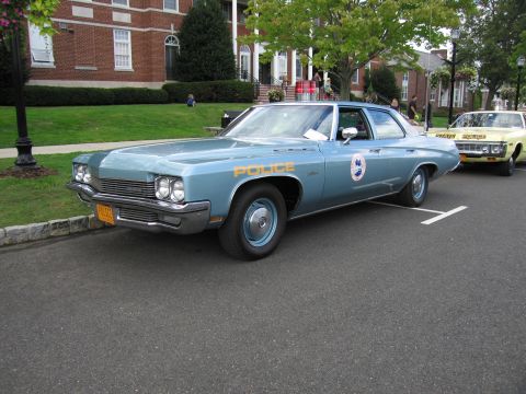 1991 Ford LTD Crown Victoria - light blue police sedan marked POLICE in gold with a circular door seal and roof beacon parked at a curb.