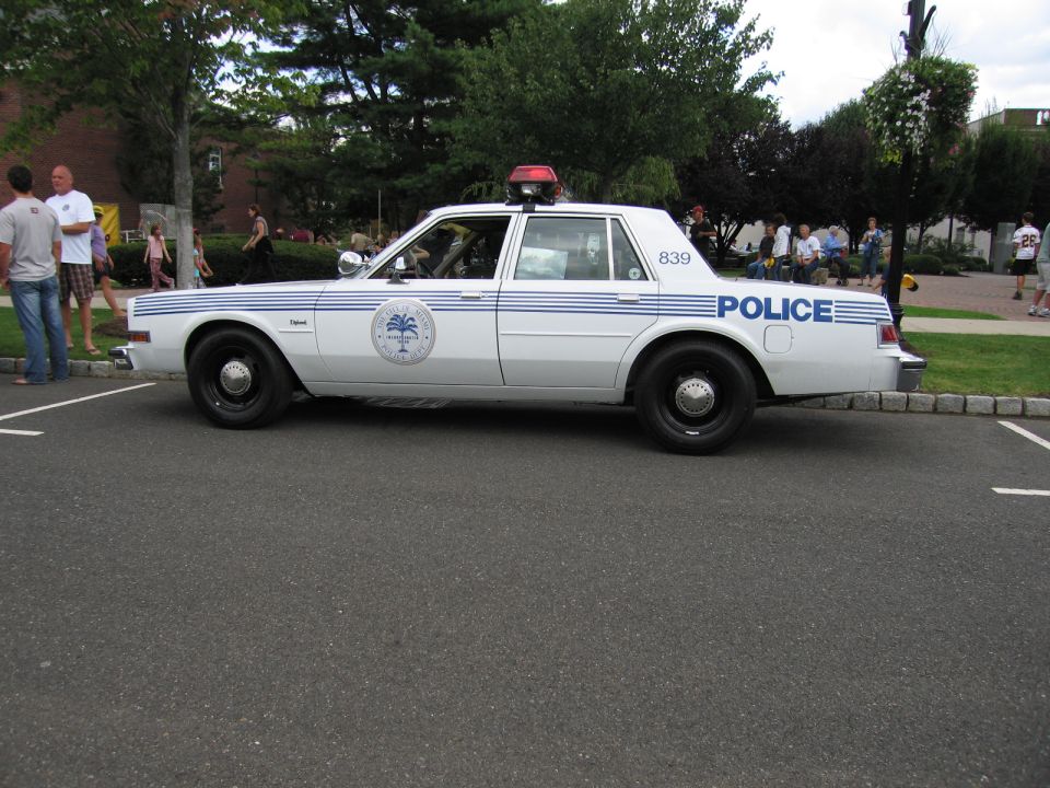 White Miami Police sedan numbered 839 with palm-tree seal, side profile