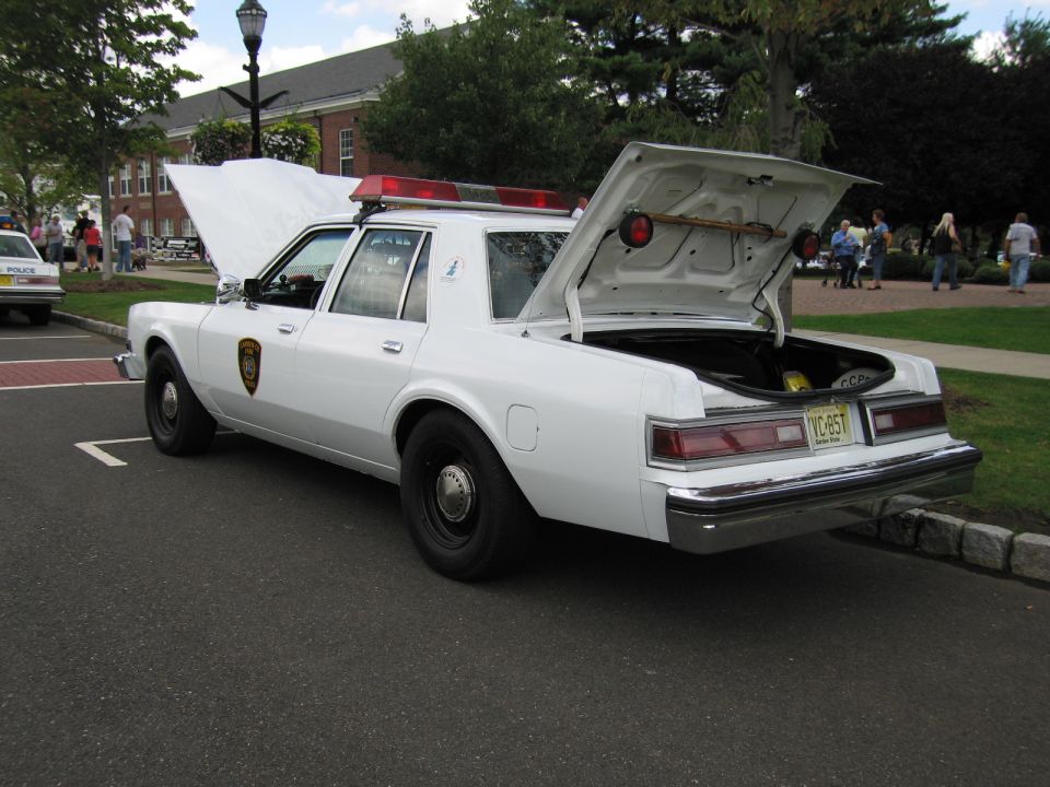 White police sedan with open trunk and door shield, rear three-quarter view