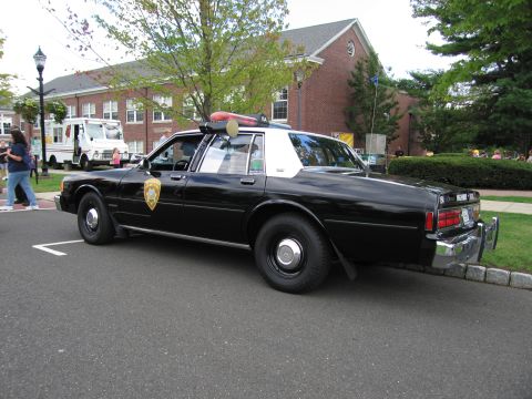 1991 Ford LTD Crown Victoria - black four-door police cruiser with a gold star door shield and roof lightbar, parked on pavement by a brick building.