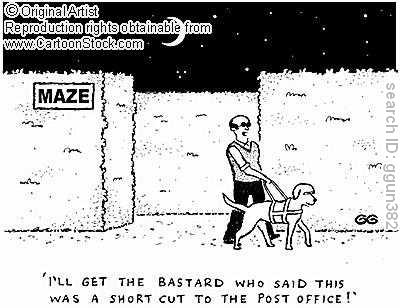 1989 Ford Bronco - A man and his guide dog stand at the entrance to a maze, with the man expressing frustration about a supposed shortcut.