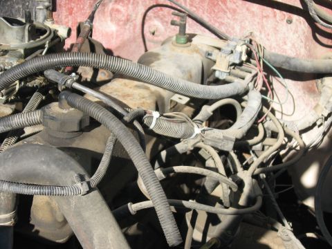 1981 Ford Bronco - Close-up of a dusty V8 engine bay showing the intake manifold, carburetor, and a tangle of split-loom wiring harness, vacuum lines, and rad…