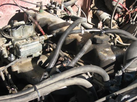 1981 Ford Bronco - Close-up view of the engine compartment, showing the carburetor and various hoses.