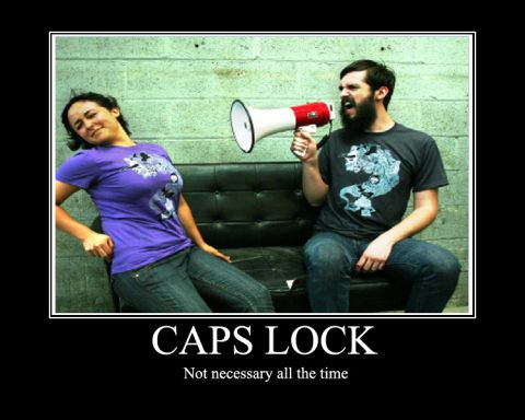 1995 Ford Bronco - Meme about excessive capitalization, two people and a megaphone.