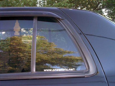 2000 Ford Crown Victoria - custom made www.crownvic.net decal. Closeup of window molding black.out.