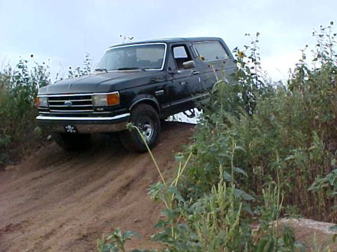 1989 Ford Bronco - A black Ford Bronco drives up a dirt incline, surrounded by tall green plants under a cloudy sky.