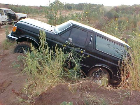 1989 Ford Bronco - A black 1989 Ford Bronco is stuck in the dirt with vegetation around it. Another vehicle is visible in the background.