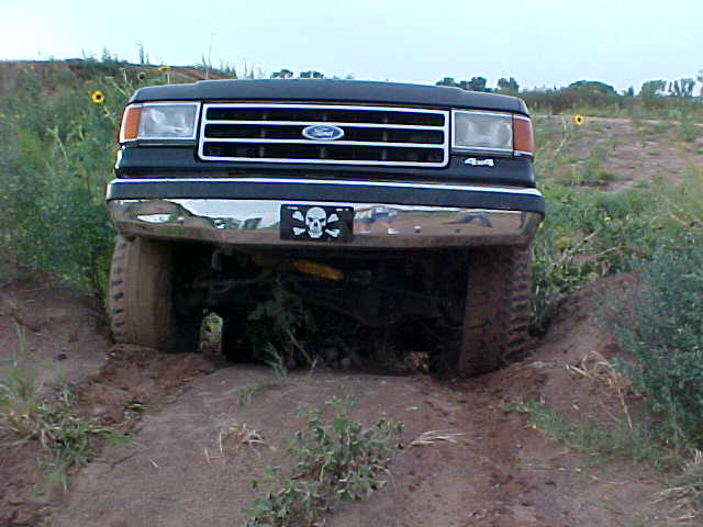 Dark green 1987 Ford Bronco front view, stuck in dirt with sunflowers in background