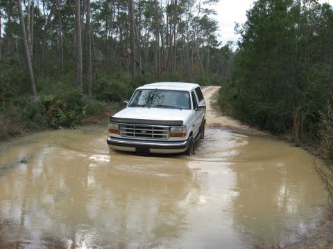 1994 Ford Bronco - 1994 Ford Bronco navigates a muddy obstacle on a wooded trail.