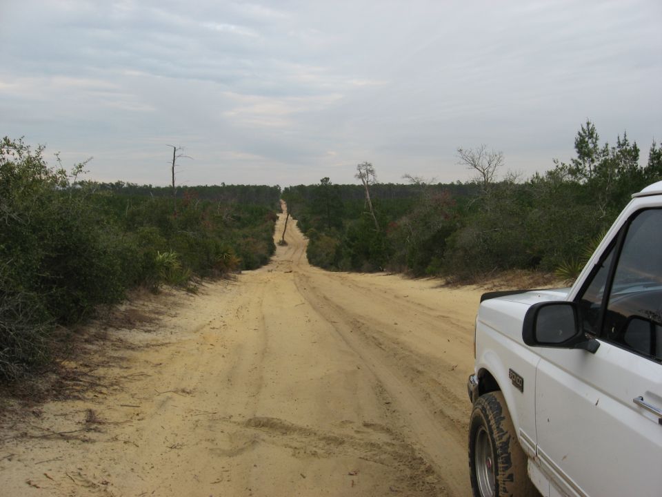 White SUV, 1992 model year, on a sandy dirt road with brush and trees