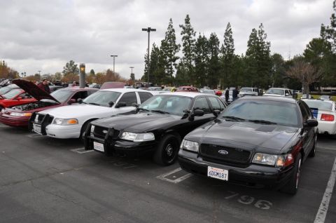 1992 Ford Crown Victoria - Several police cars are parked in a lot under an overcast sky.