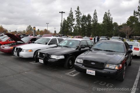 1992 Ford Crown Victoria - Multiple Ford Crown Victoria Police Interceptors are parked in a lot under an overcast sky.
