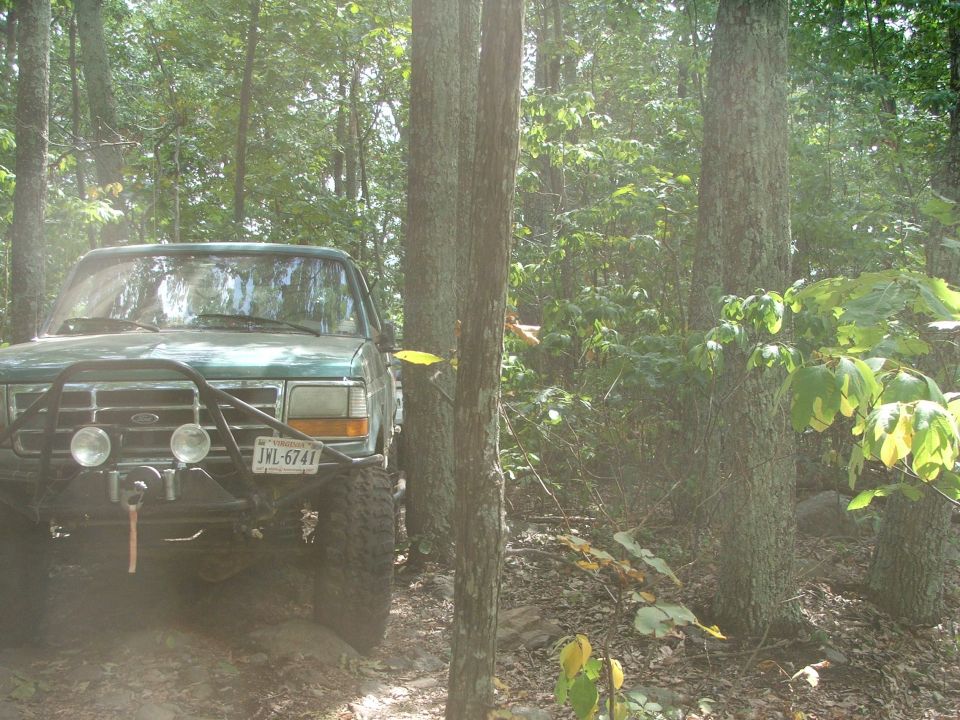 Green 1992 Ford Bronco with a brush guard and winch parked on a dirt path in a forest