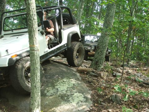 1996 Ford Bronco - Two Jeeps navigate a challenging rocky path through a dense forest.