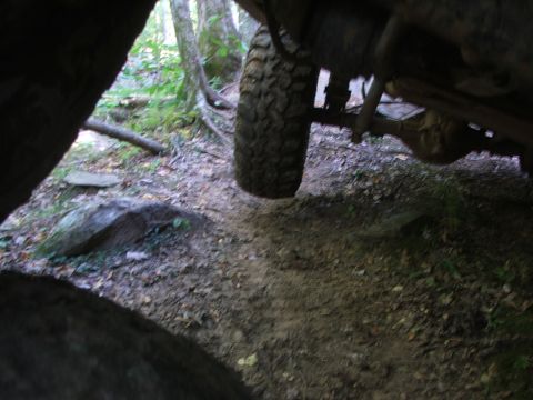 1996 Ford Bronco - A 1996 Ford Bronco navigates a wooded trail, showing its tire and suspension system.