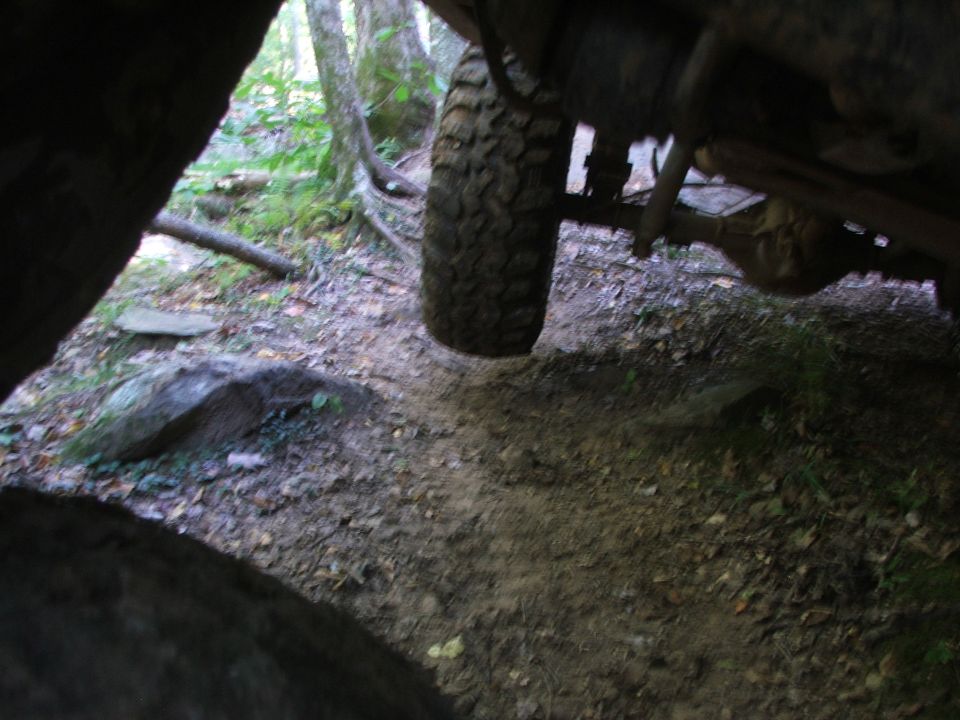1996 Ford Bronco tire and undercarriage on a dirt path in a forest