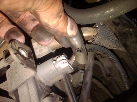 1982 Ford Bronco - A close-up shows a damaged engine hose being held by a dirty hand, with frayed edges visible.
