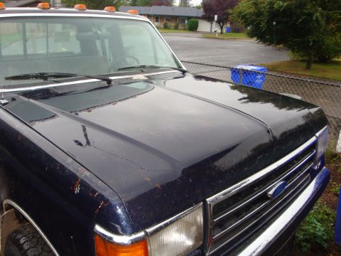 1989 Ford Bronco - Front view of a dark blue truck, showing the hood and grille.