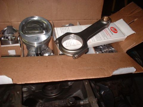 1964 Ford Galaxie - KB pistons, 20 cc dish, Scat H-beams, 6.49" ctr/ctr, .975" pin. Pistons & rods weight matched then balanced.