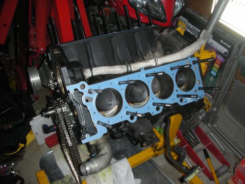 1992 Ford Crown Victoria - Engine block prepared for cylinder head installation, showing the gasket and timing chain assembly.
