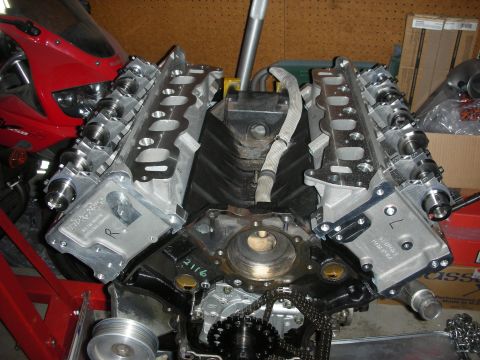 1992 Ford Crown Victoria - V8 engine block with Trick Flow heads and camshafts, part of a rebuild project.
