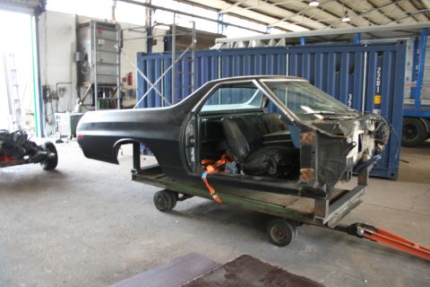 1973 Ford Ranchero - Ford Ranchero body undergoing restoration, missing front clip and engine.