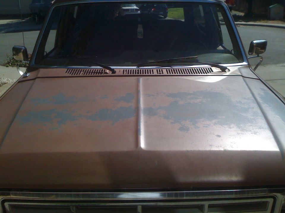 1986 Ford Bronco hood with faded paint and chrome grille