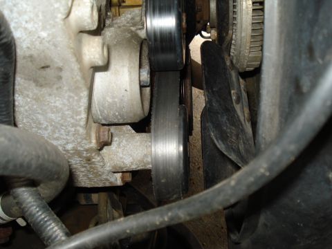 1994 Ford F-350 - This image shows a close-up view of the engine's serpentine belt and fan, not a specific vehicle model.