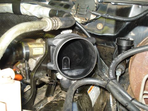 1994 Ford F-350 - Close-up view of engine components, including hoses and an intake manifold.