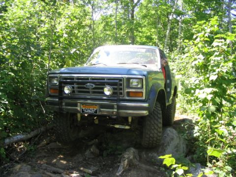 1986 Ford Bronco - Ford Bronco tackling an off-road trail, surrounded by dense foliage.