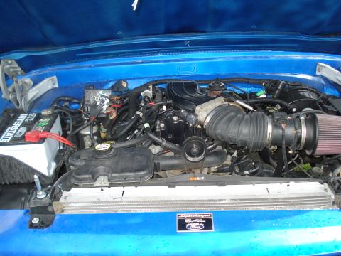 1994 Ford F-350 - The engine bay of a 1994 Ford F-350, a 5.4L engine and aftermarket air intake.