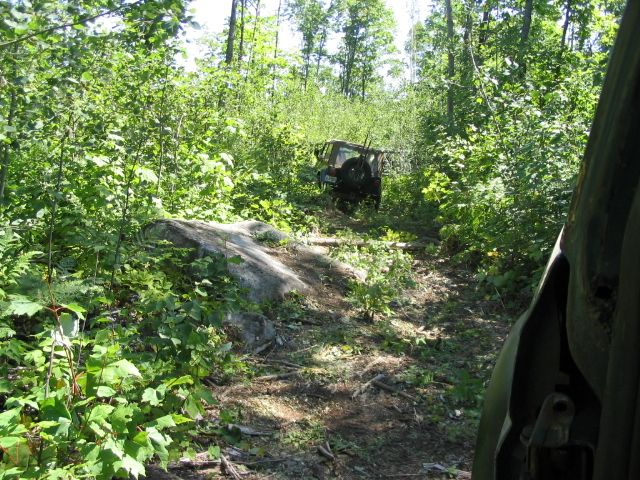 Off-road vehicle on a dirt path in a forest, another vehicle partially visible on the right