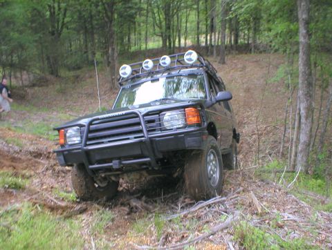 1983 Ford Bronco - A black Land Rover Discovery navigates a wooded trail with a roof rack and brush guard.
